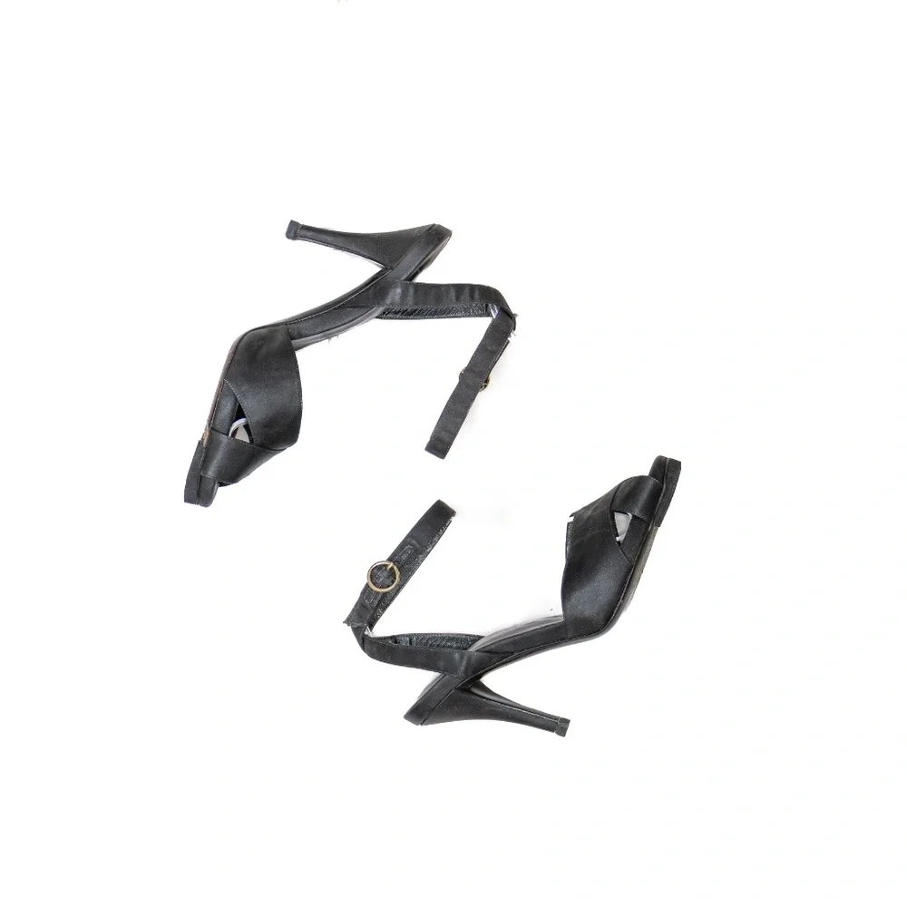 Vintage Yves Saint Laurent Black Satin Ankle Strap High Heel Sandals – Size 36.5 - Picture 3 of 9